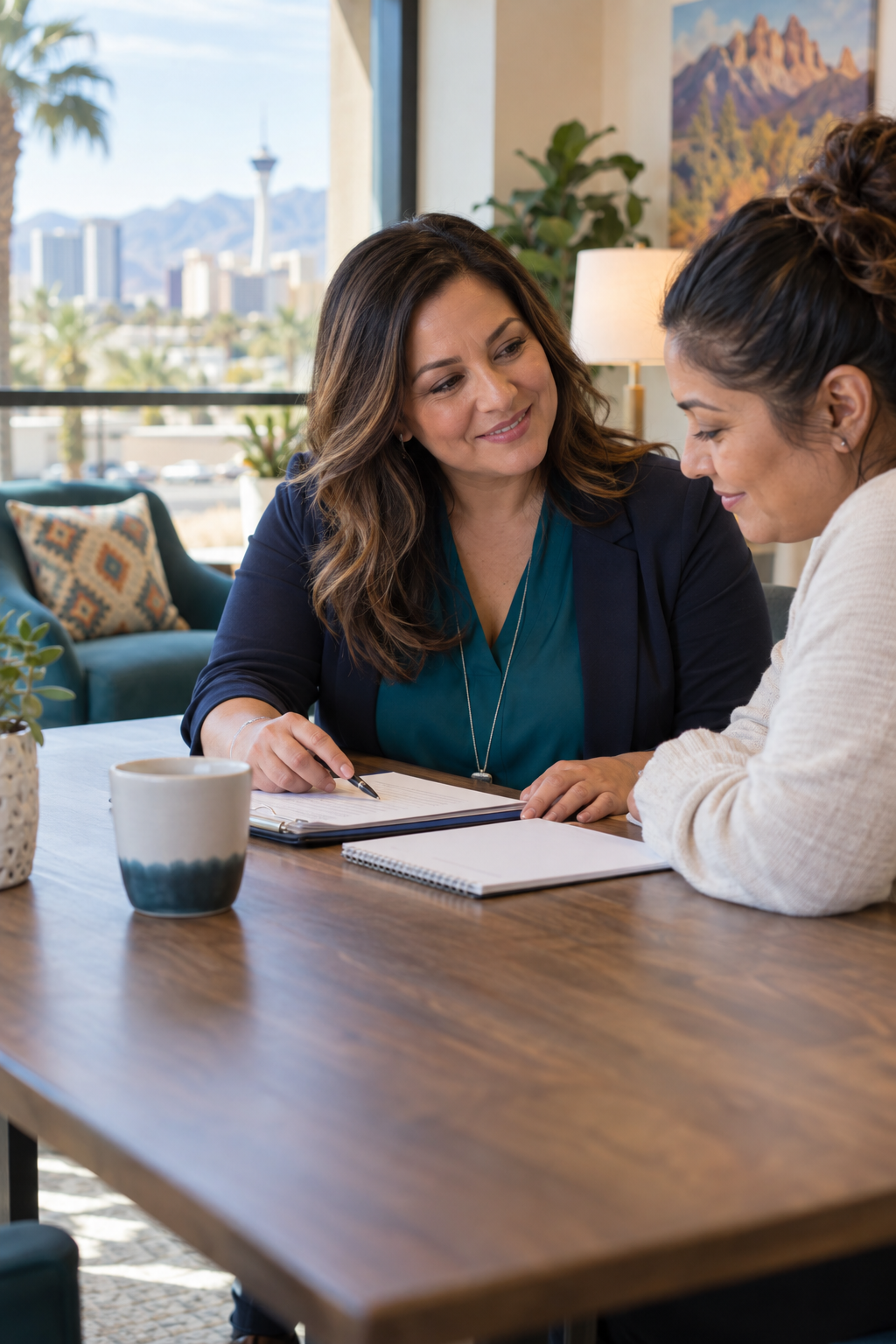 A community support professional helping someone review available resources